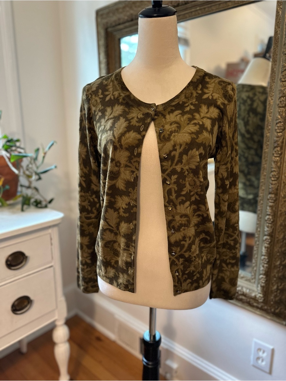 Talbot’s merino wool cardigan green botanical fall posh quiet luxury